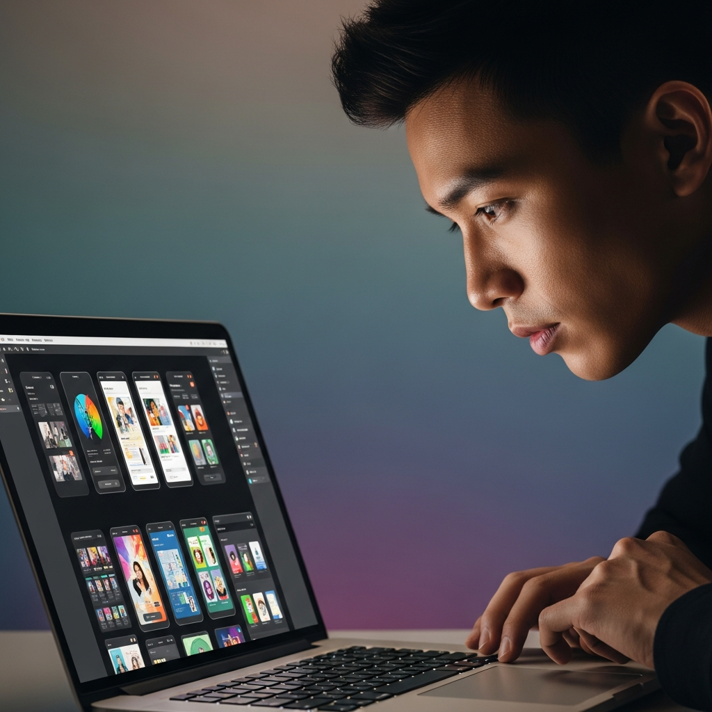 A professional focused on a laptop screen with creative app design elements, soft studio lighting, colored background, no text