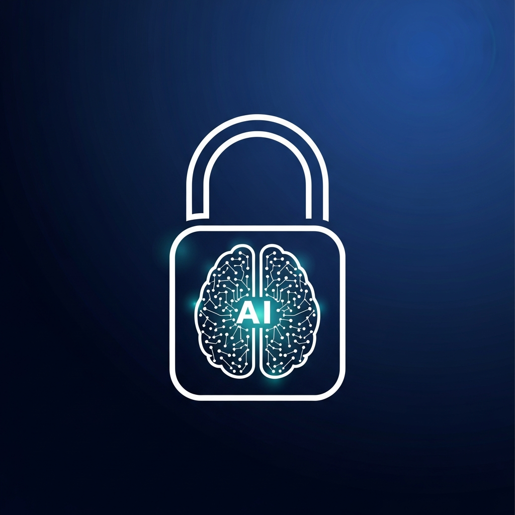 A secure digital lock icon with a subtle AI brain graphic, set against a dark blue gradient background, clean infographic style, no text, high contrast, visually rich, centered focus.