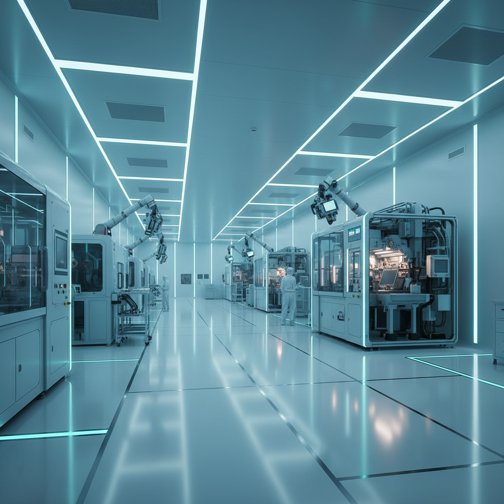 A vast and clean semiconductor cleanroom with robotic arms and advanced machinery, glowing cyan lights, futuristic industrial design, wide angle view, no text