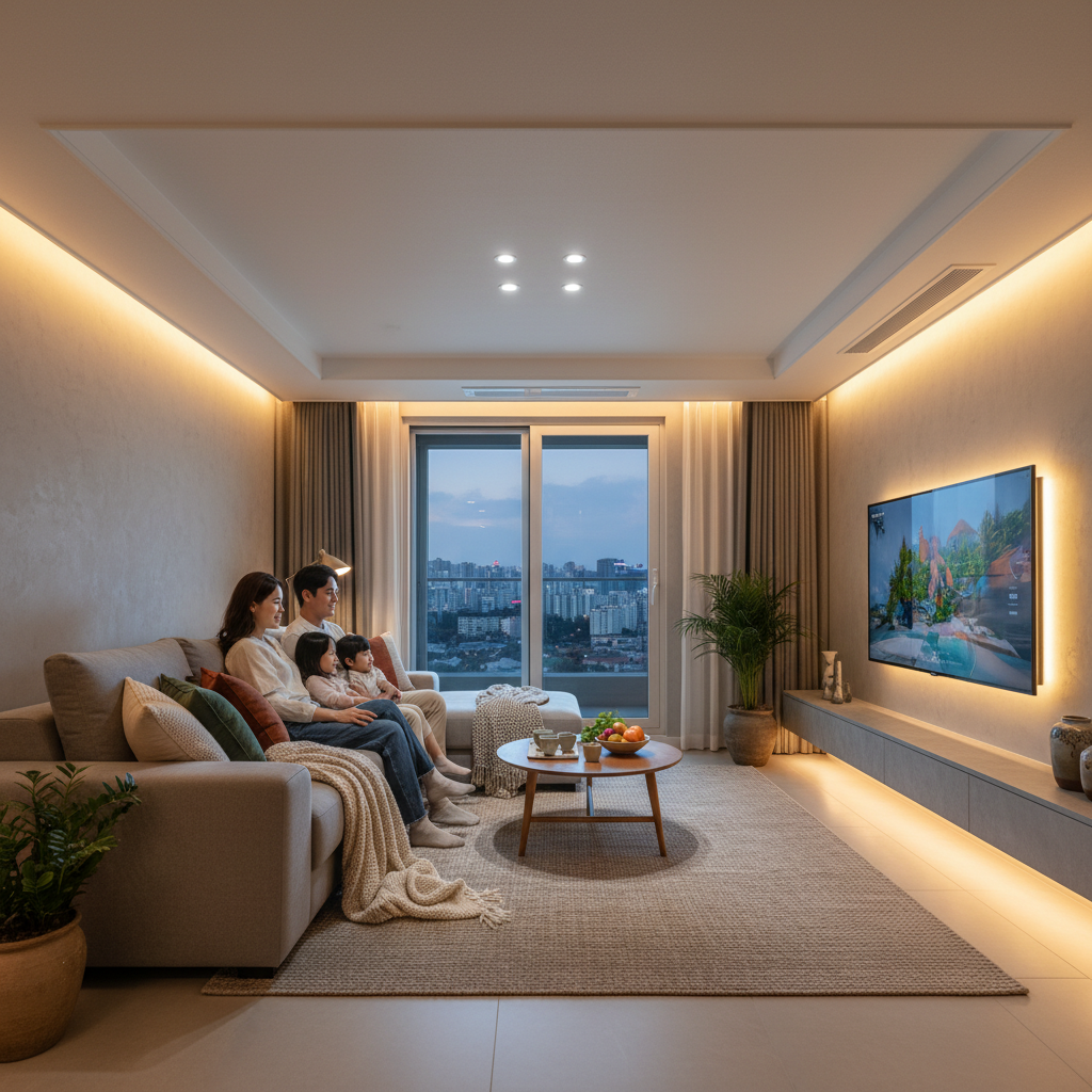 A cozy modern Korean living room where a family is watching a sleek smart TV, warm ambient lighting, lifestyle photography, high contrast, no text