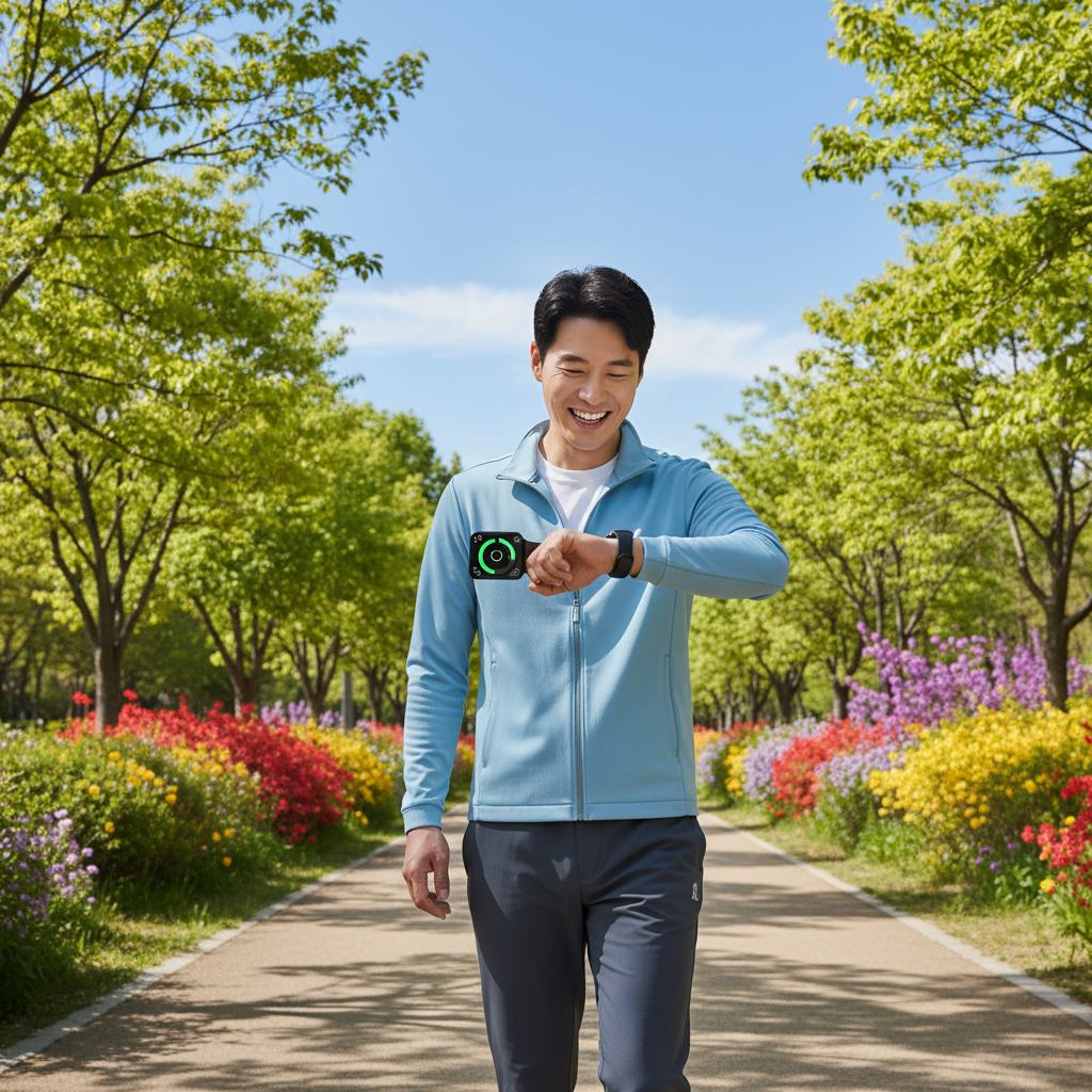 A healthy Korean adult looking at their Apple Watch with a smile while walking in a green park, vibrant colors, clear sky background, no text