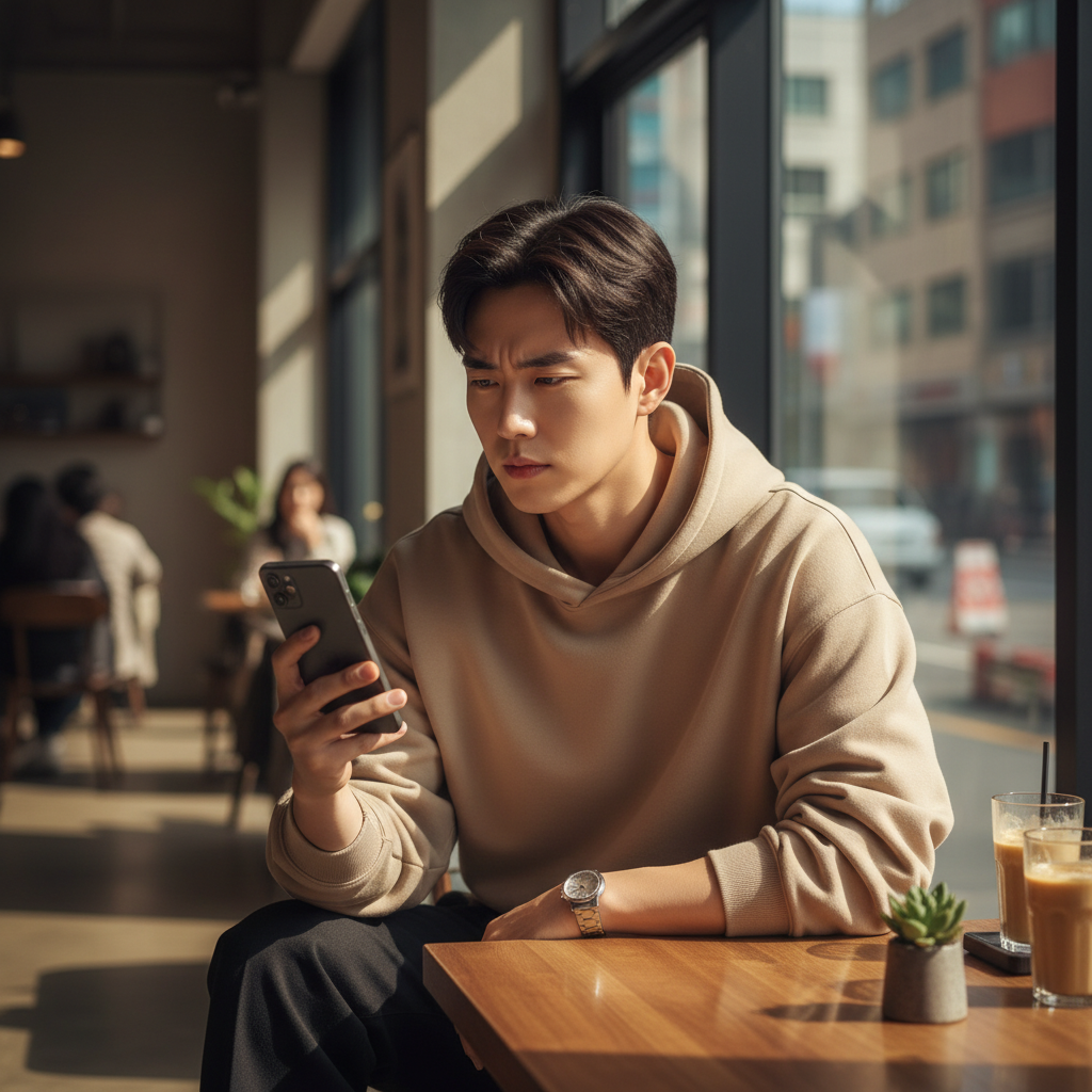 A modern young Korean man looking thoughtfully at a sleek smartphone in a stylish cafe, warm afternoon sunlight, lifestyle photography, natural expression, no text
