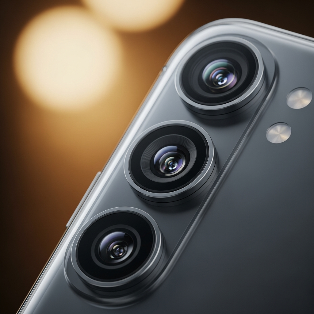 Close-up of a sophisticated triple-lens smartphone camera system, glass reflections, professional studio lighting, warm bokeh background, detailed optical elements, no text