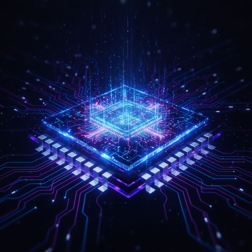 Abstract visualization of a powerful computer processor chip glowing with neon blue and purple lights, futuristic technology, dark background, cinematic atmosphere, no text