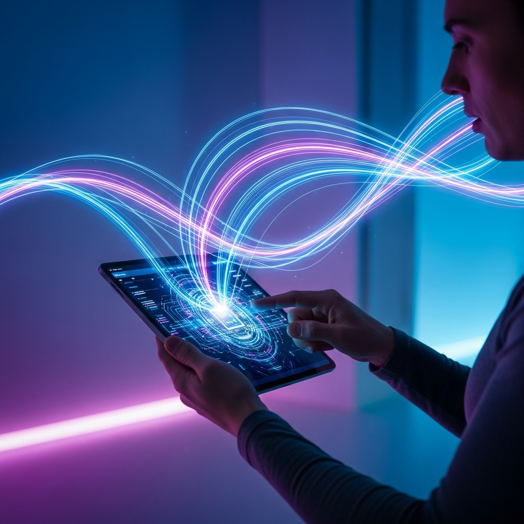 A person demonstrating high-performance computing on a sleek tablet, dynamic lines symbolizing speed, modern workspace, rich blue and purple gradient background, no text