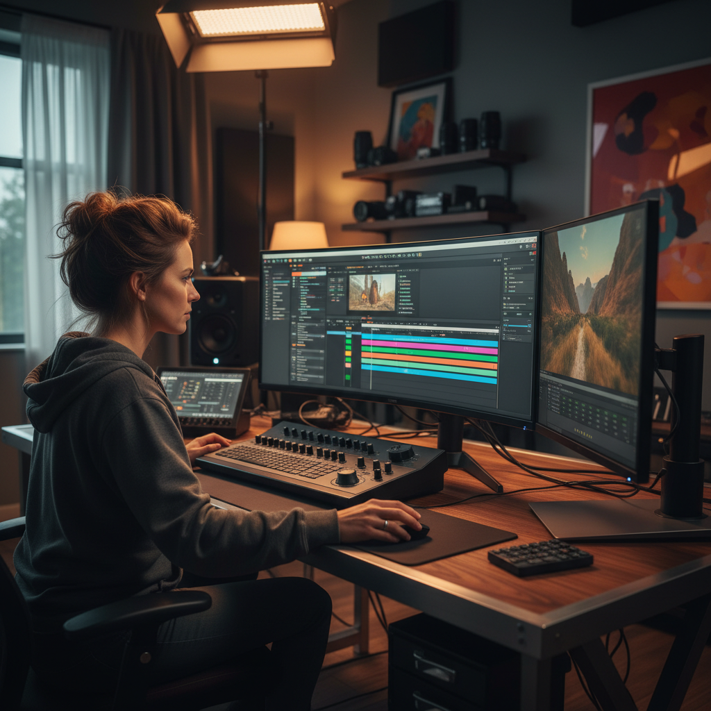 A professional creator editing high-quality video content on a large monitor, creative studio environment, cinematic lighting, no text