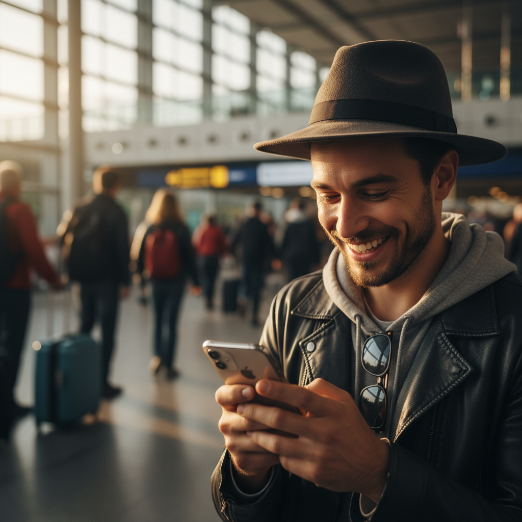 A happy person waiting at an airport arrival hall, looking at their iPhone with a smile, blurred background of travelers, warm and natural lighting, high contrast, no text