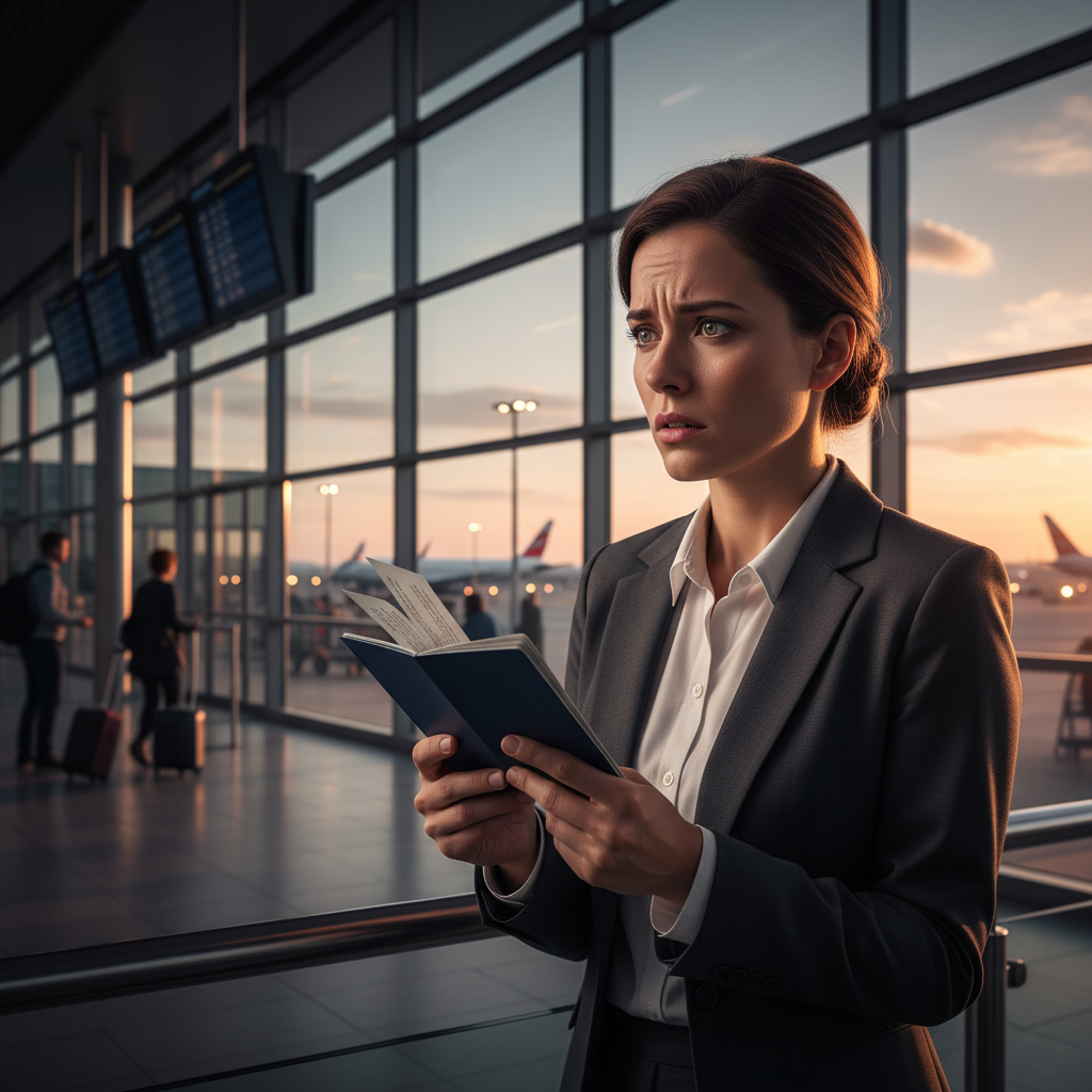 A worried professional person holding a passport at a modern airport departure gate, sunset light through windows, realistic lifestyle photography, high contrast, rich background, no text