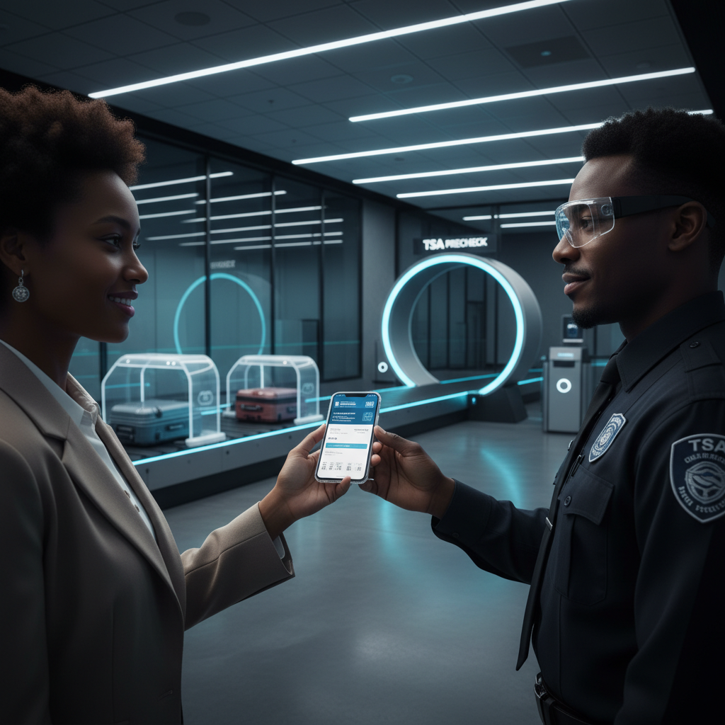 A person presenting an iPhone at a modern airport security checkpoint TSA area, professional lighting, realistic setting, futuristic vibe, focused on the interaction, aspect ratio 4:3