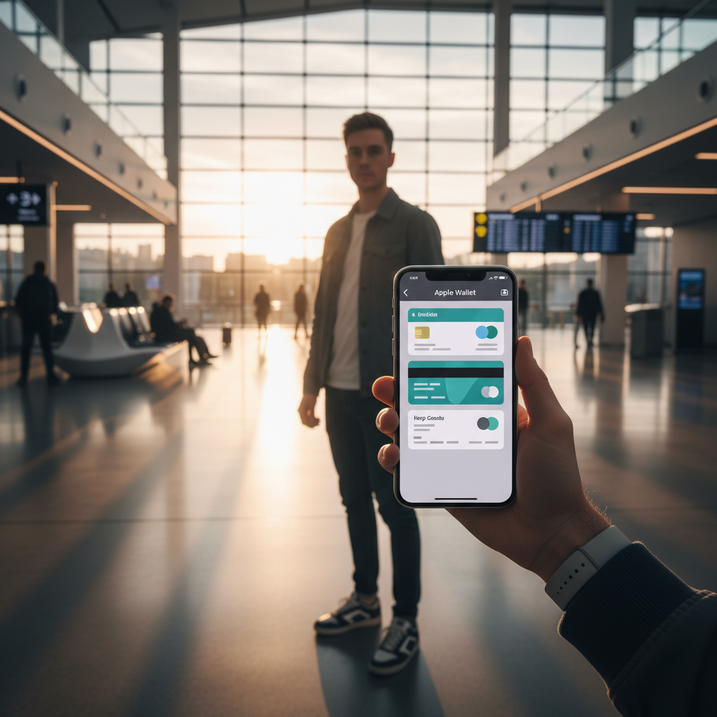 A modern traveler at a bright airport terminal using an iPhone with the Apple Wallet app displayed on the screen, warm lighting, high contrast, clean modern layout, no text