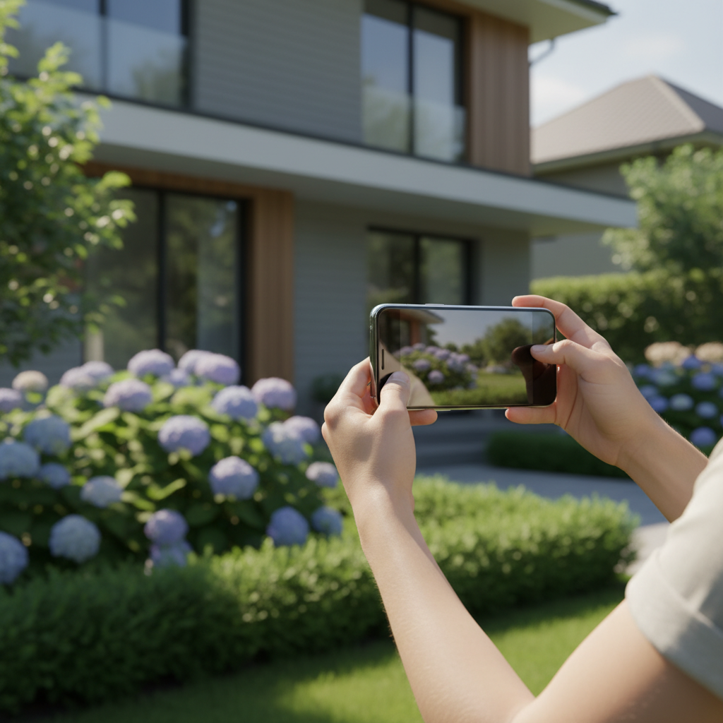 A modern suburban house background, a person holding a premium smartphone in a garden, bright daylight, high quality, realistic depiction, no text