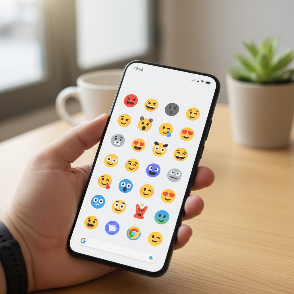 A modern Google Pixel smartphone displaying a variety of emoji faces, bright and clean UI, lifestyle photography setting, no text