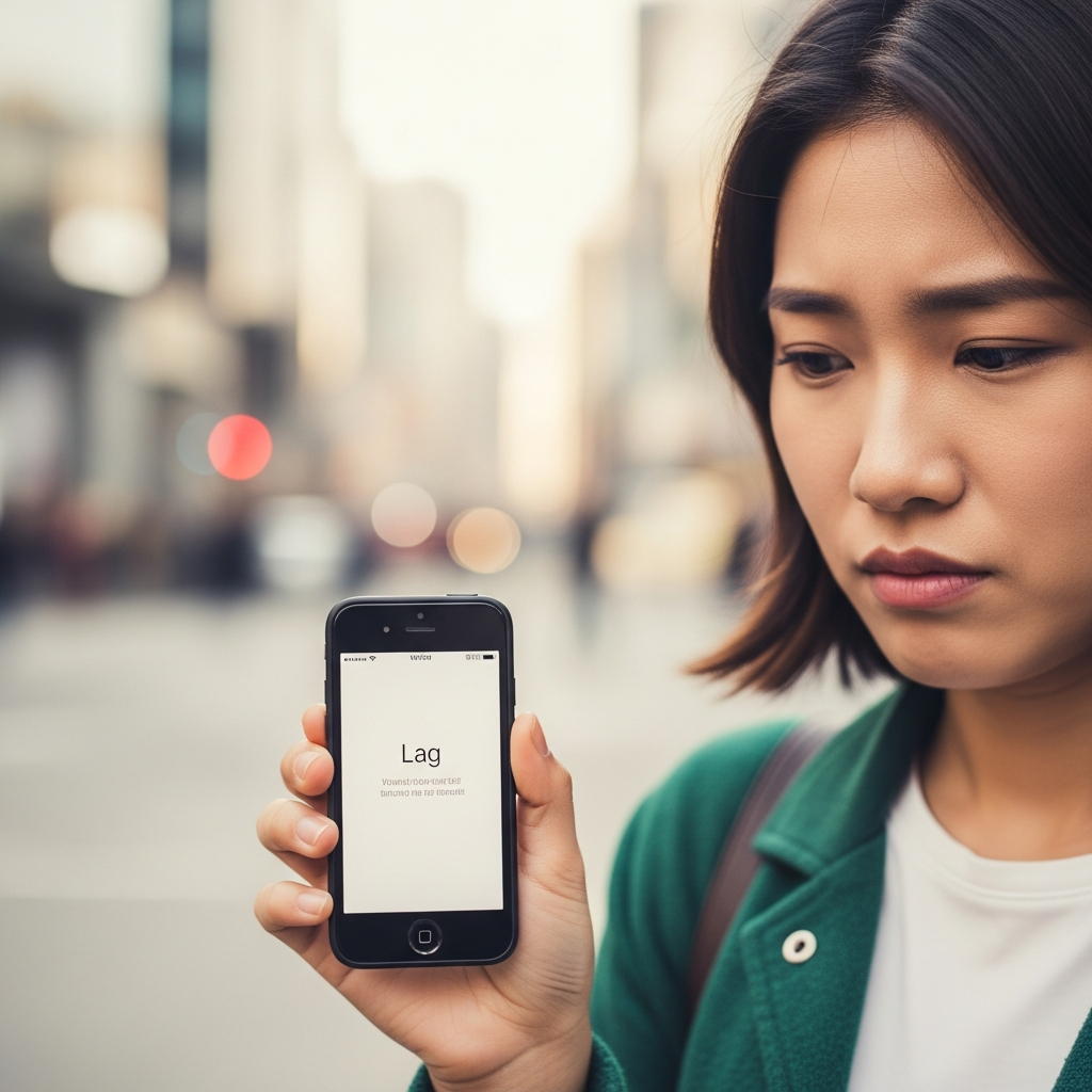 A user (Korean appearance, natural expression) looking frustrated while holding an old, small-screen iPhone SE that is visibly lagging or showing an error message on a blank screen. The background is a blurred, busy city environment, symbolizing the struggle to keep up with modern demands. Style: lifestyle photography, warm lighting, natural setting.