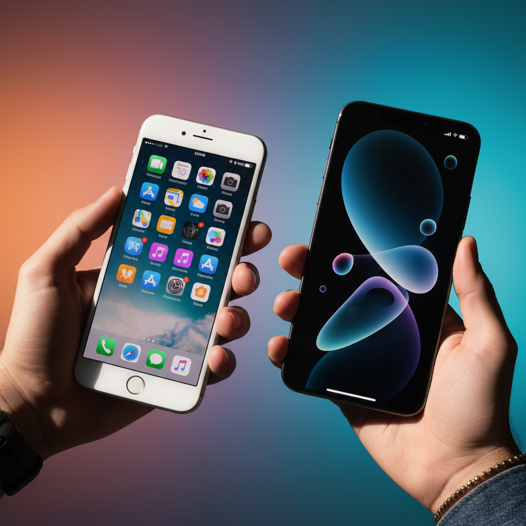 A comparison of an older iPhone with a home button and a new bezel-less iPhone, lifestyle photography, high contrast, colorful gradient background, no text, 1:1