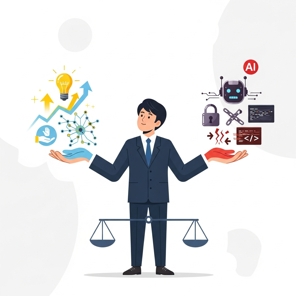 Clean infographic showing a Korean person thoughtfully balancing positive and negative aspects of AI technology, represented by distinct visual elements. Emphasize a nuanced understanding and critical thinking. Use a balanced composition with modern design. No text.