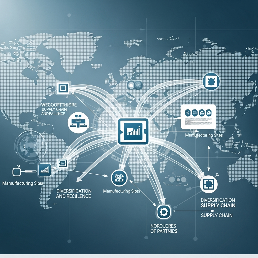 A dynamic infographic depicting a global semiconductor supply chain network, with various interconnected nodes representing different manufacturing sites and partners. Multiple arrows show the flow of chips and resources, emphasizing diversification and resilience. The background is a subtly textured map of the world with digital overlays. No text. Clean infographic, modern layout, high contrast.