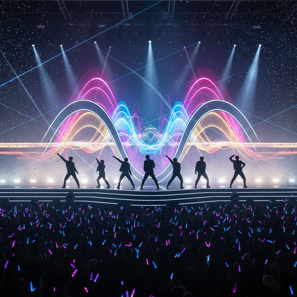 A stylish concert stage with silhouettes of pop stars, vibrant stage lighting, music waves, energetic atmosphere, Korean concert setting, no text