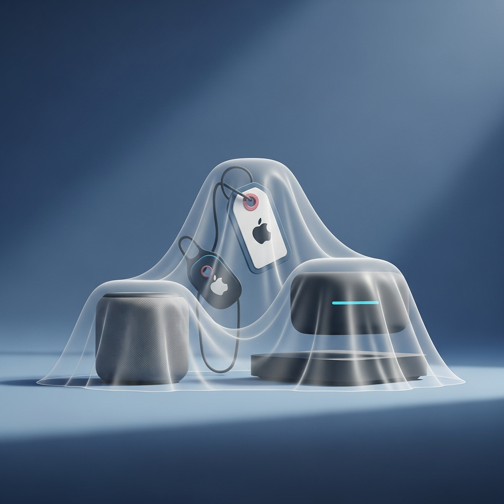 A minimalist, abstract illustration of several Apple-like devices (a small smart speaker, a tracking tag, and a streaming box) subtly shrouded in a futuristic, semi-transparent veil, suggesting anticipation and a slight delay. The background is a soft, deep blue with subtle light patterns. Bright, balanced lighting. No text. No visible UI elements.