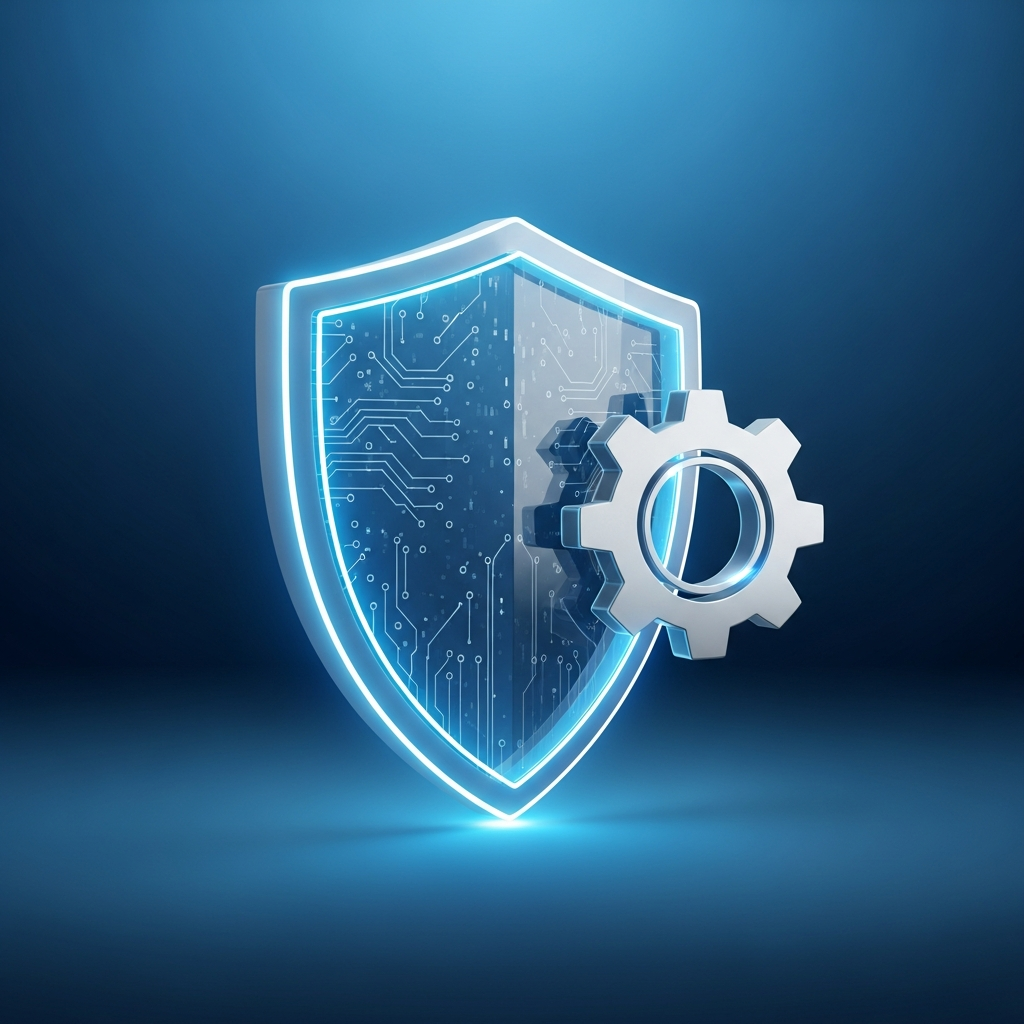 A conceptual illustration of a digital shield and a gear icon representing software control, modern layout, gradient background, clean professional look, no text