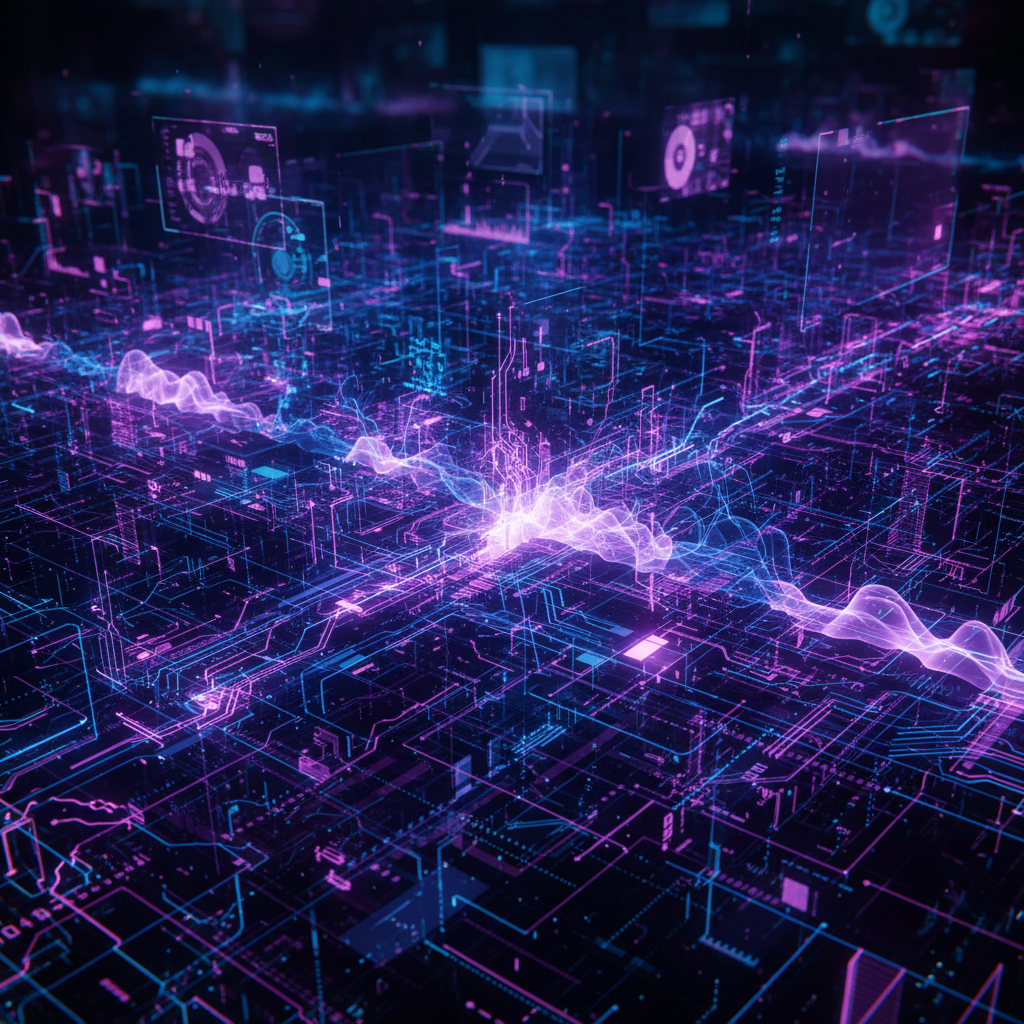 Abstract visualization of digital circuits and glowing neural networks in shades of blue and purple, representing artificial intelligence challenges, high-tech background, no text