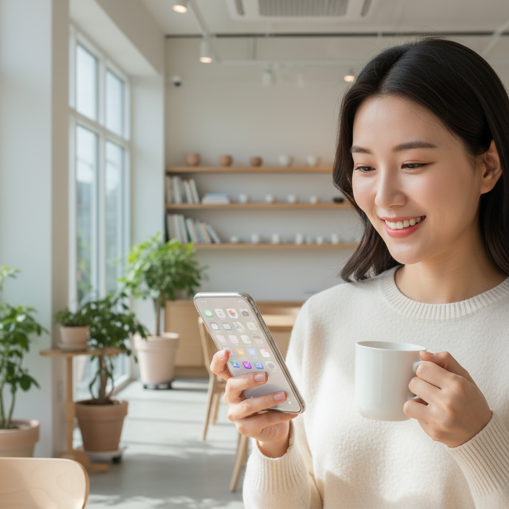 A happy Korean woman looking at her iPhone with a clean and organized home screen, bright and airy modern cafe background, soft sunlight, high quality lifestyle photography, no text