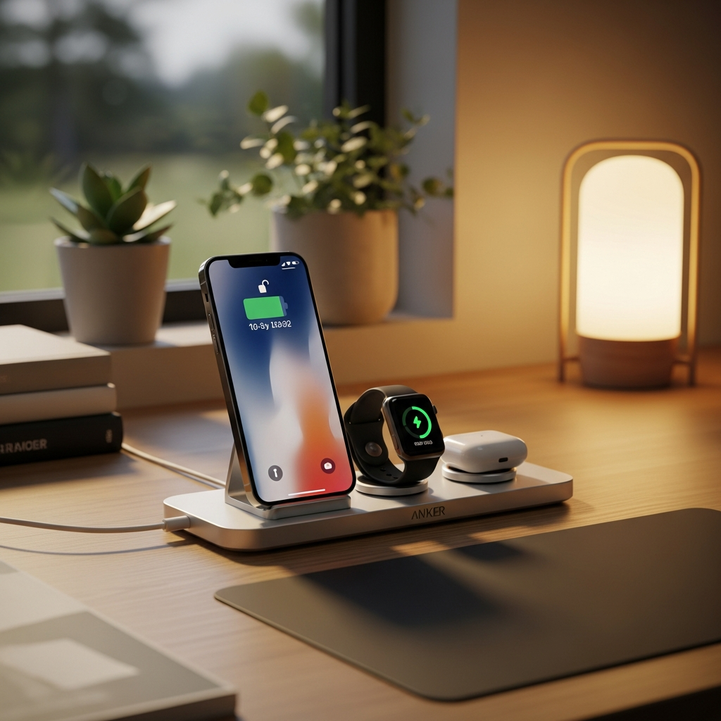 A modern, tidy desk with an Anker 3-in-1 MagSafe charger neatly arranged alongside an iPhone, Apple Watch, and AirPods. The setting is a cozy home office, warm lighting, natural setting, clean composition, no text.