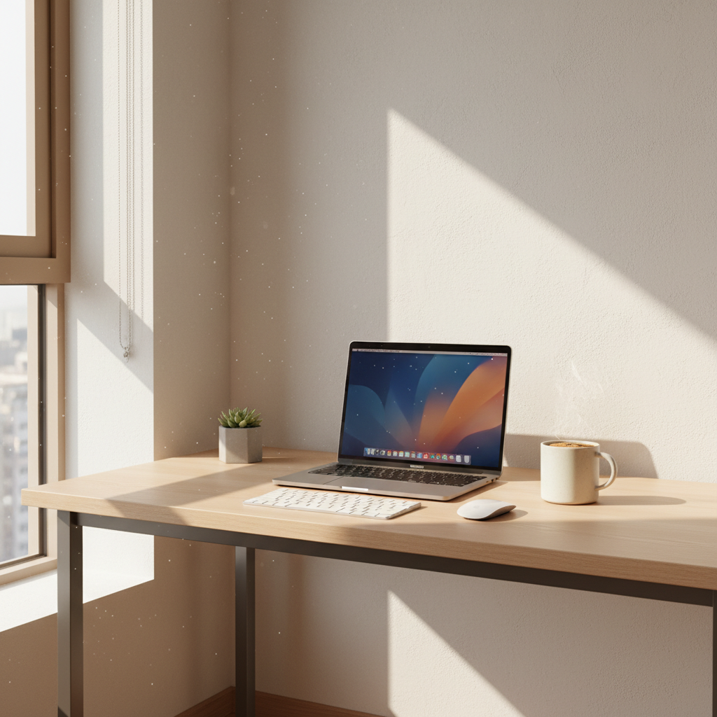 A modern desk setup with a MacBook Pro, a cup of coffee, and warm morning sunlight, lifestyle photography, high contrast, clean workspace, Korean home office setting, no text, 4:3