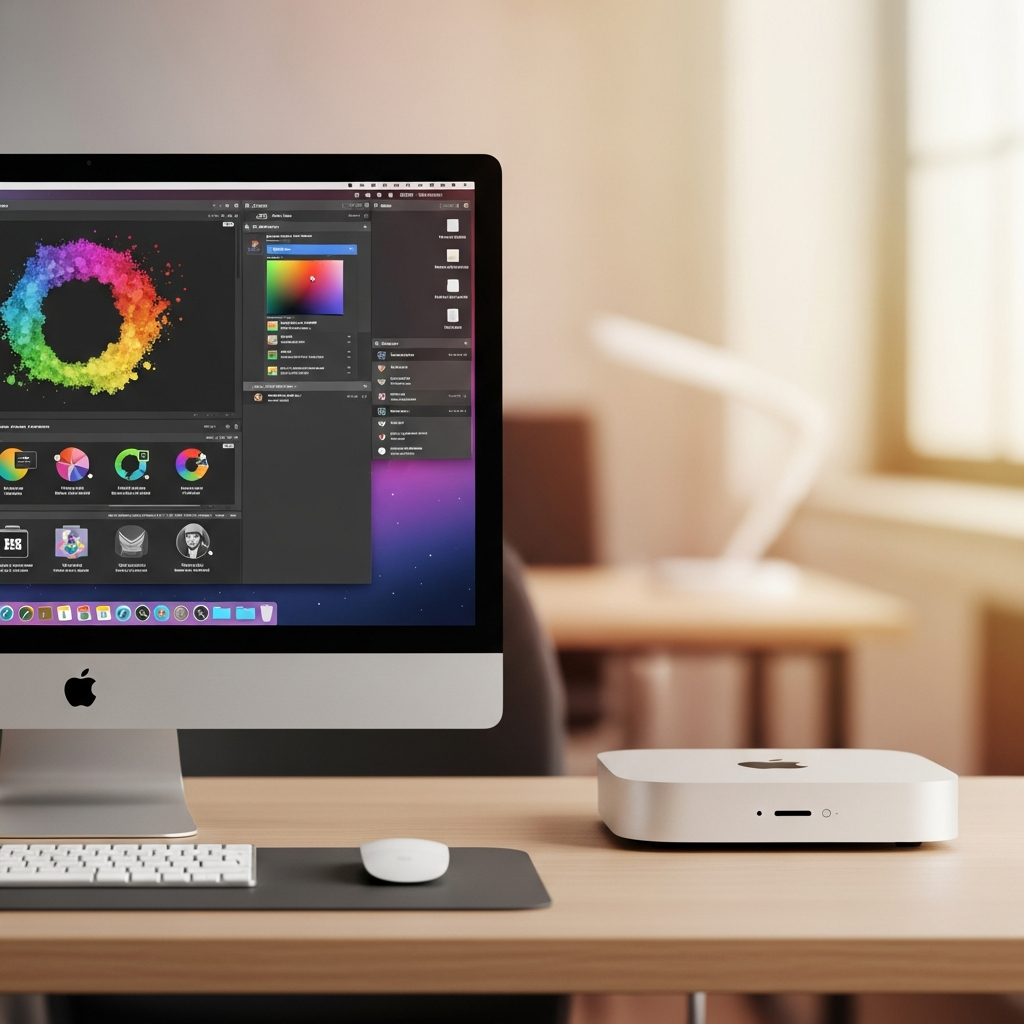 A minimalist and modern office desk setup with an iMac and a Mac mini. The iMac screen shows creative work, and the Mac mini is sleekly positioned. The background is a blurred, warm-toned office environment. Style: lifestyle photography, natural lighting, clean aesthetic. No visible text. Gradient background.