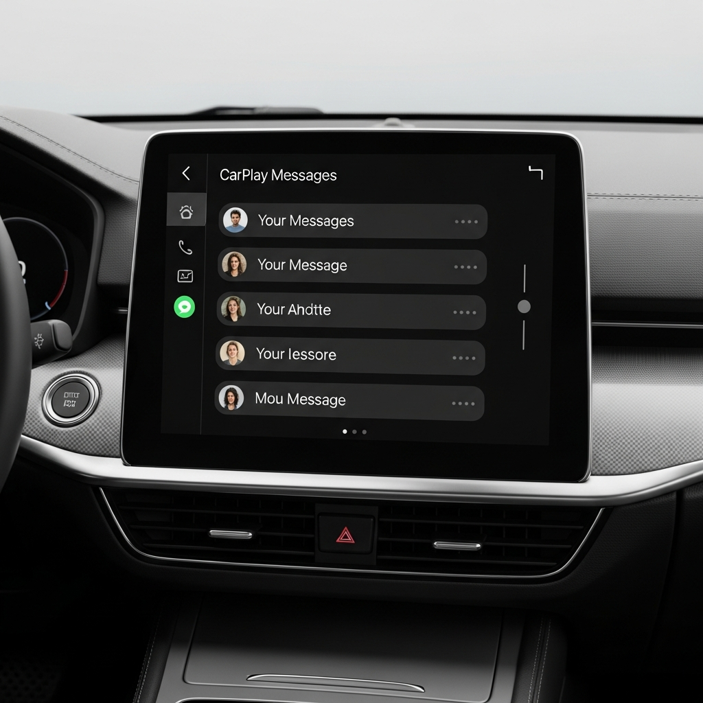 A clean and simplified CarPlay Messages app interface displayed on a car's screen, showing a list of chats without any pinned conversations at the top. The background is a modern car interior, with soft, balanced lighting. No visible text in the image. Styled as a clean infographic with high contrast.