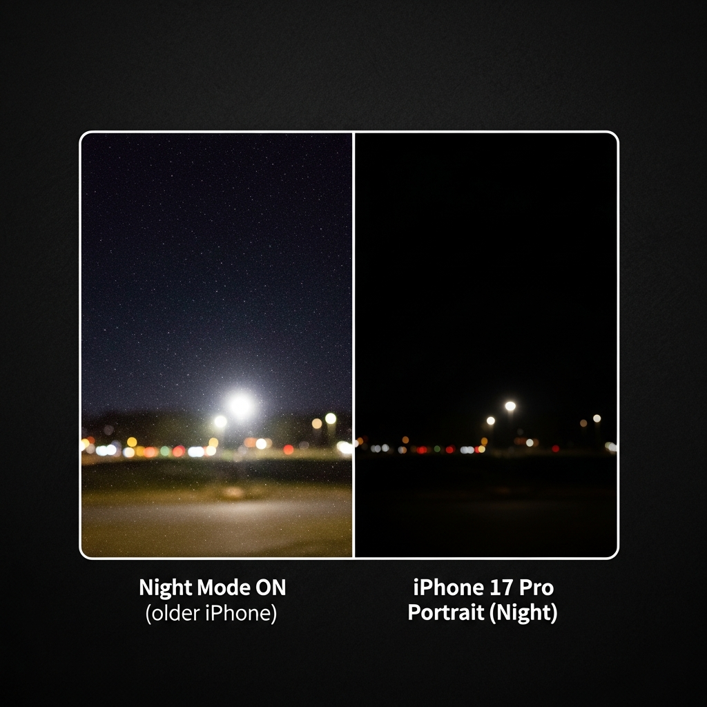Side-by-side comparison infographic showing two portrait photos taken at night. One image is brighter but with visible noise, labeled 'Night Mode ON (older iPhone)'. The other is darker but crisper with less noise, labeled 'iPhone 17 Pro Portrait (Night)'. Use a clean, modern design with a dark, textured background. Emphasize visual differences in clarity and brightness without using text in the images themselves.