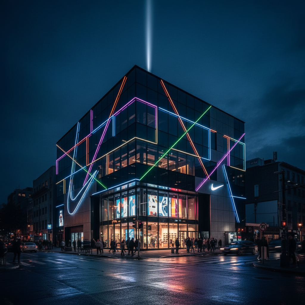 Modern Nike flagship store building exterior at night, vibrant neon lighting, cinematic atmosphere, no text, aspect ratio 1:1