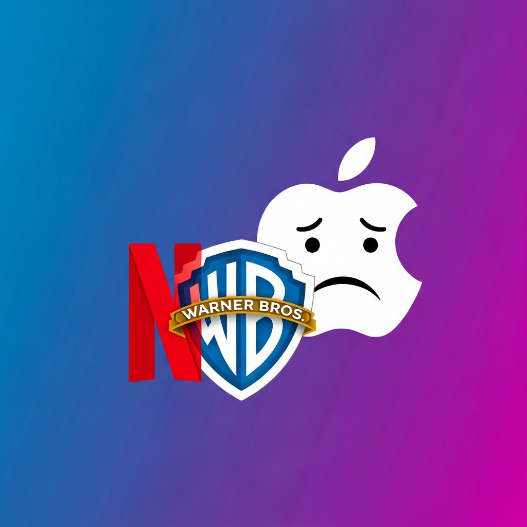 Merge of Netflix and Warner Bros logos, behind them a worried Apple logo, representing a significant business deal. Style: clean infographic, modern layout, high contrast. No visible text. Background: gradient blue and purple.