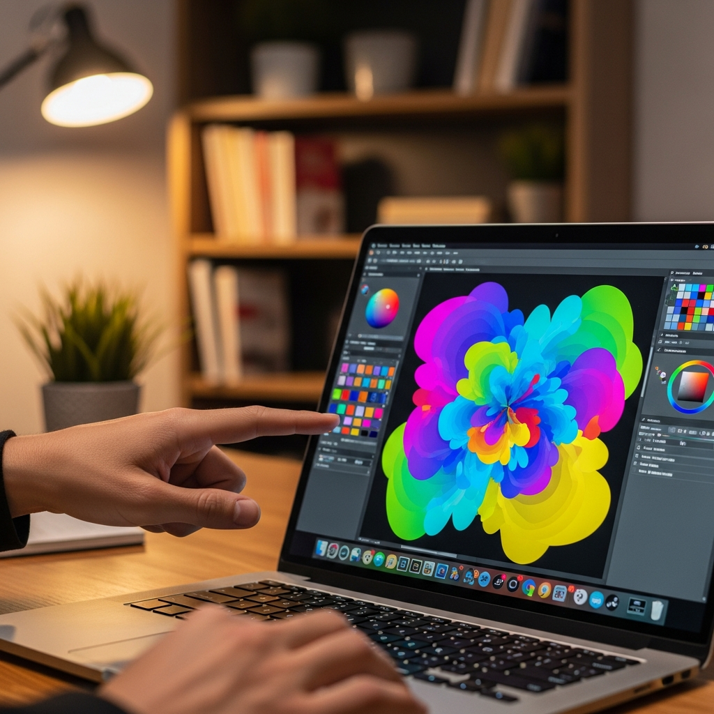 A person's finger gently touching a vibrant laptop screen, displaying colorful creative software interface, modern home office background, warm lighting, no text