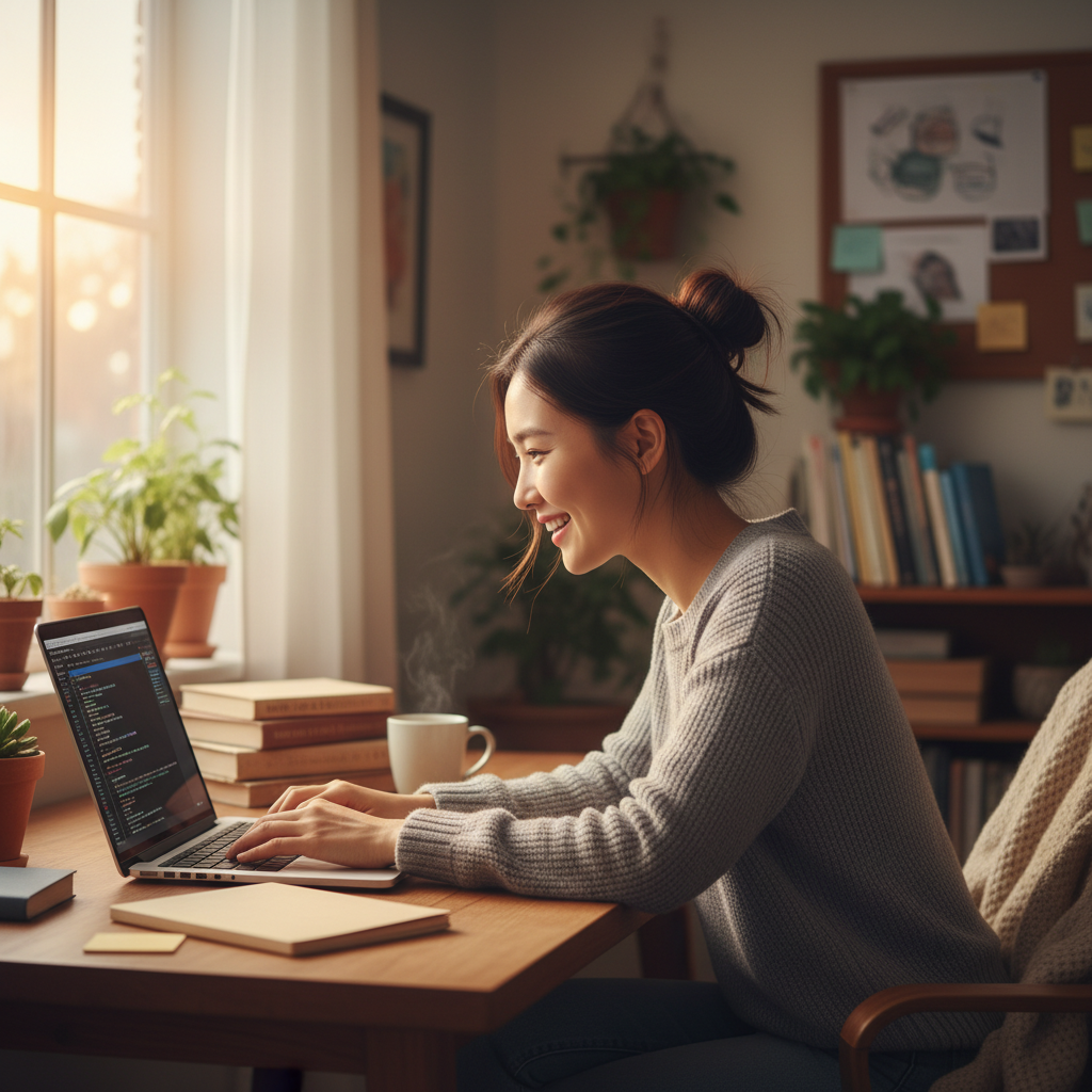 A satisfied Korean app developer working on a laptop in a cozy office, natural expression, warm lighting, professional setting, no text, 4:3