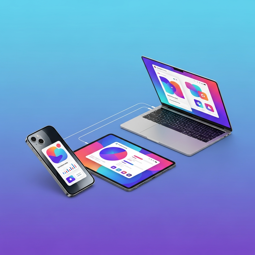 A modern, clean infographic showing an iPhone, iPad, and MacBook each displaying a different award-winning app (represented by abstract UI elements). The devices are arranged aesthetically on a gradient blue-purple background, emphasizing their interconnectedness within the Apple ecosystem. No text, bright lighting, professional feel.