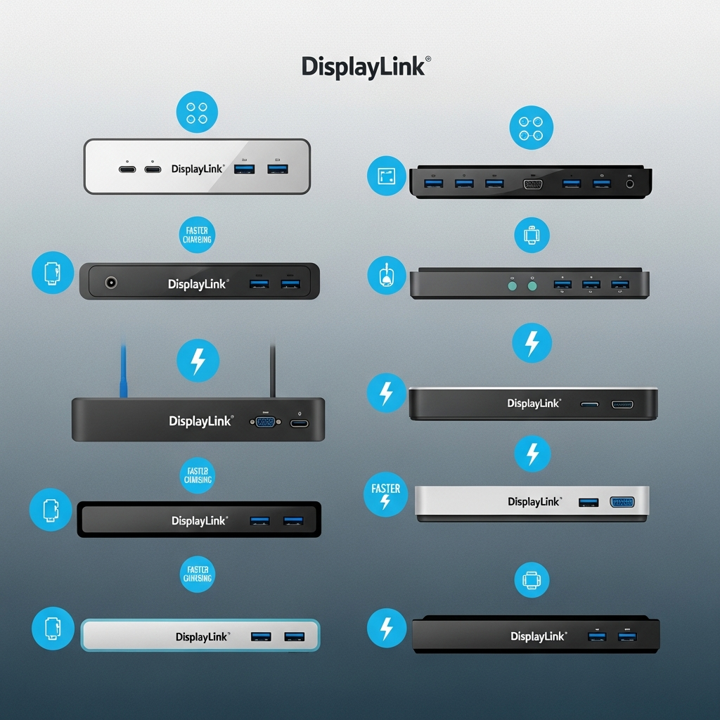 A stylized representation of various DisplayLink docking stations and hubs laid out neatly, each with distinct features highlighted (e.g., more ports, faster charging). Style: clean infographic, modern layout, high contrast. Textured background in shades of grey and blue, bright and balanced lighting. No visible text.