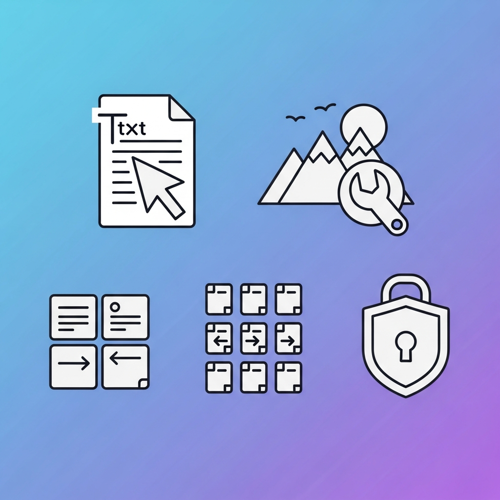A collection of modern icons representing various PDF editing features like text editing, image manipulation, page organization, and security, clean infographic style, high contrast, gradient background, no text