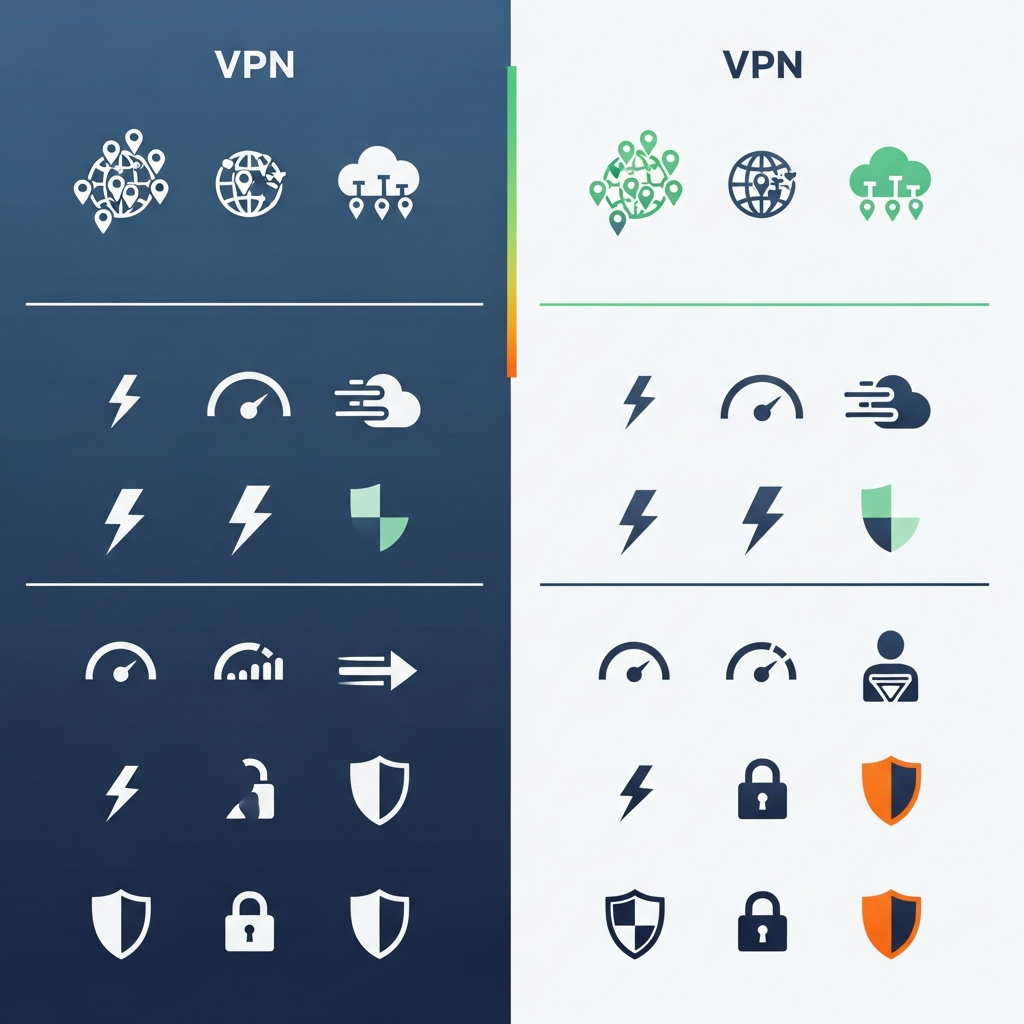 Modern infographic comparing different VPN features like server count, speed, and privacy. Use icons and a clear layout. No visible text.