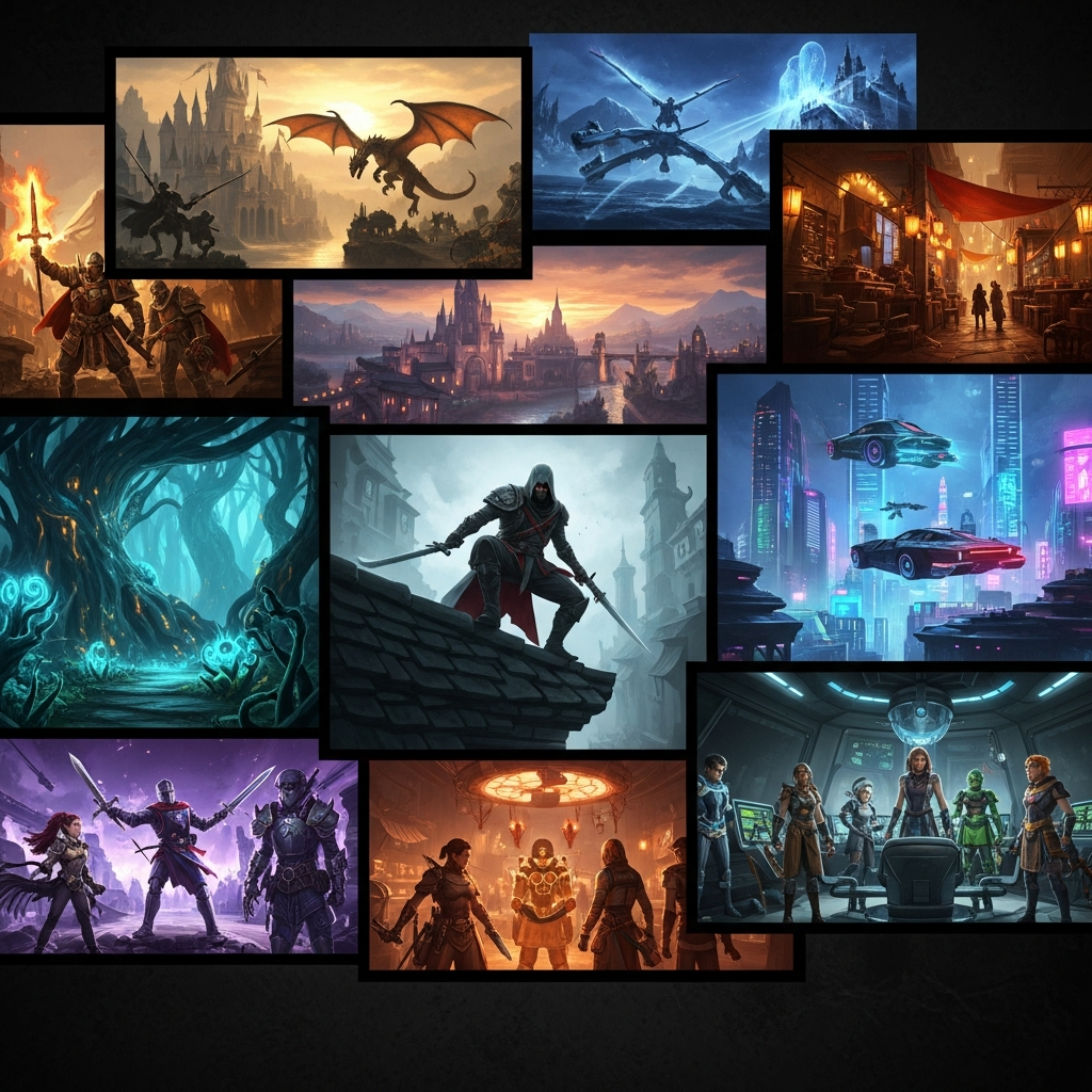 A dynamic and energetic infographic collage showcasing various game scenes from award-winning games. Elements include vibrant fantasy landscapes, futuristic cityscapes, and engaging character interactions. Use a visually rich composition with a dark, textured background and bright, focused lighting to highlight game details. No text.