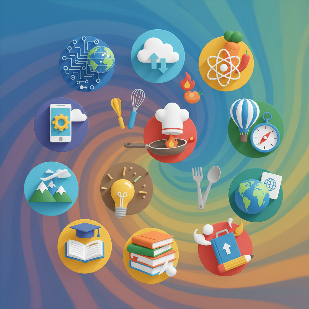 A digital collage of floating icons representing technology, cooking, travel, and education, vibrant colors, clean infographic style, colored background, no text