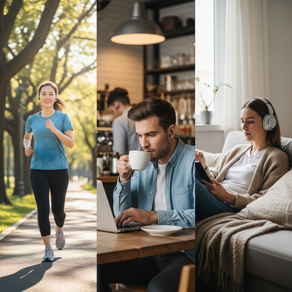 A Korean woman jogging in a park with wireless earbuds, a man working in a cafe wearing earbuds, and a person relaxing at home with earbuds. Each scene is distinct, vibrant, and shows natural interaction with technology. No visible text.