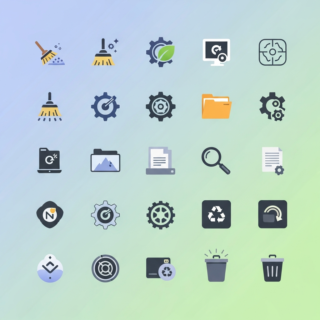 Clean infographic showing various Mac cleaner app icons neatly arranged. Each icon has a modern, minimalist design. The background is a soft gradient color. No text.