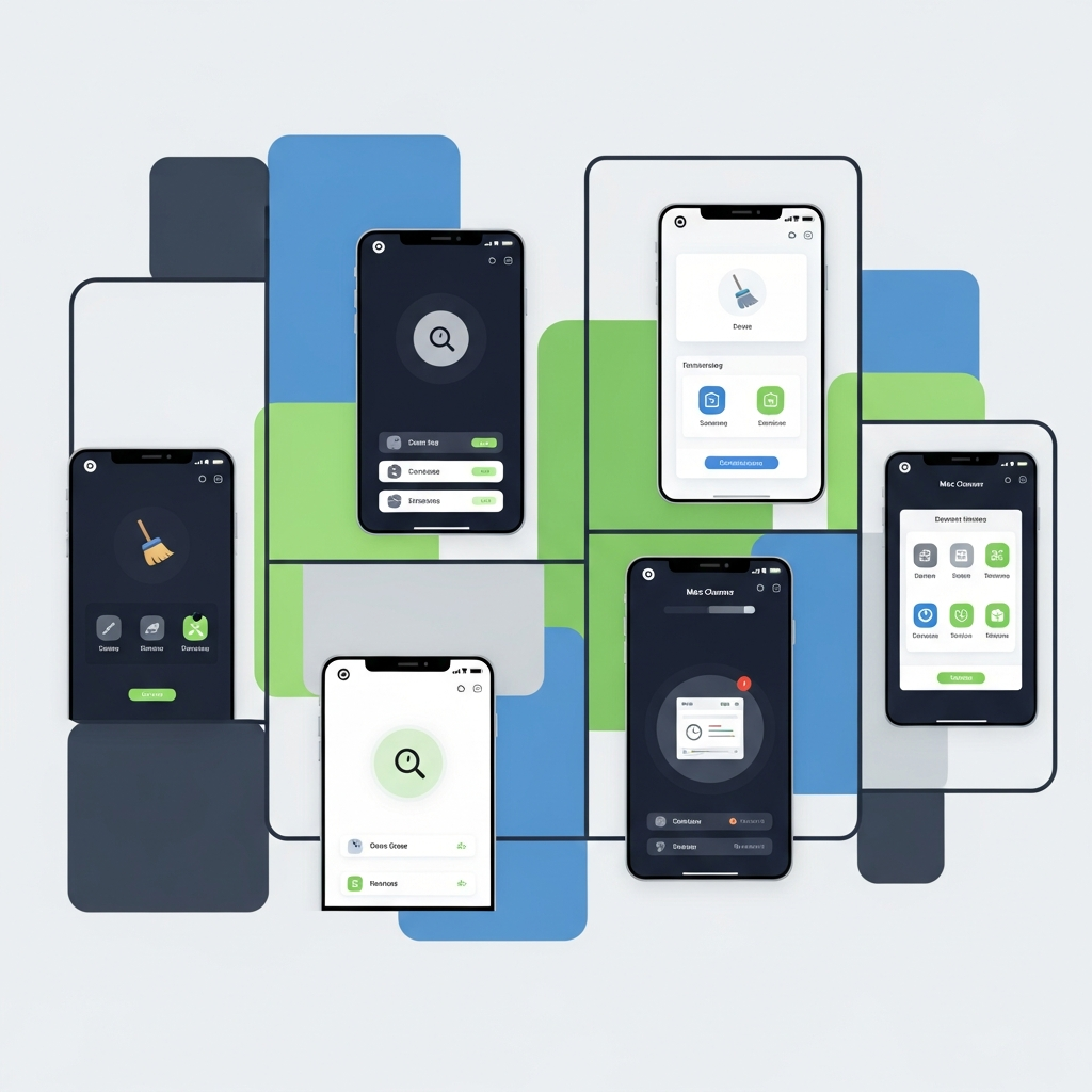 Clean infographic displaying the user interfaces of various Mac cleaner apps. Key features of each app are visually represented with icons. The background features modern color blocks. No text.