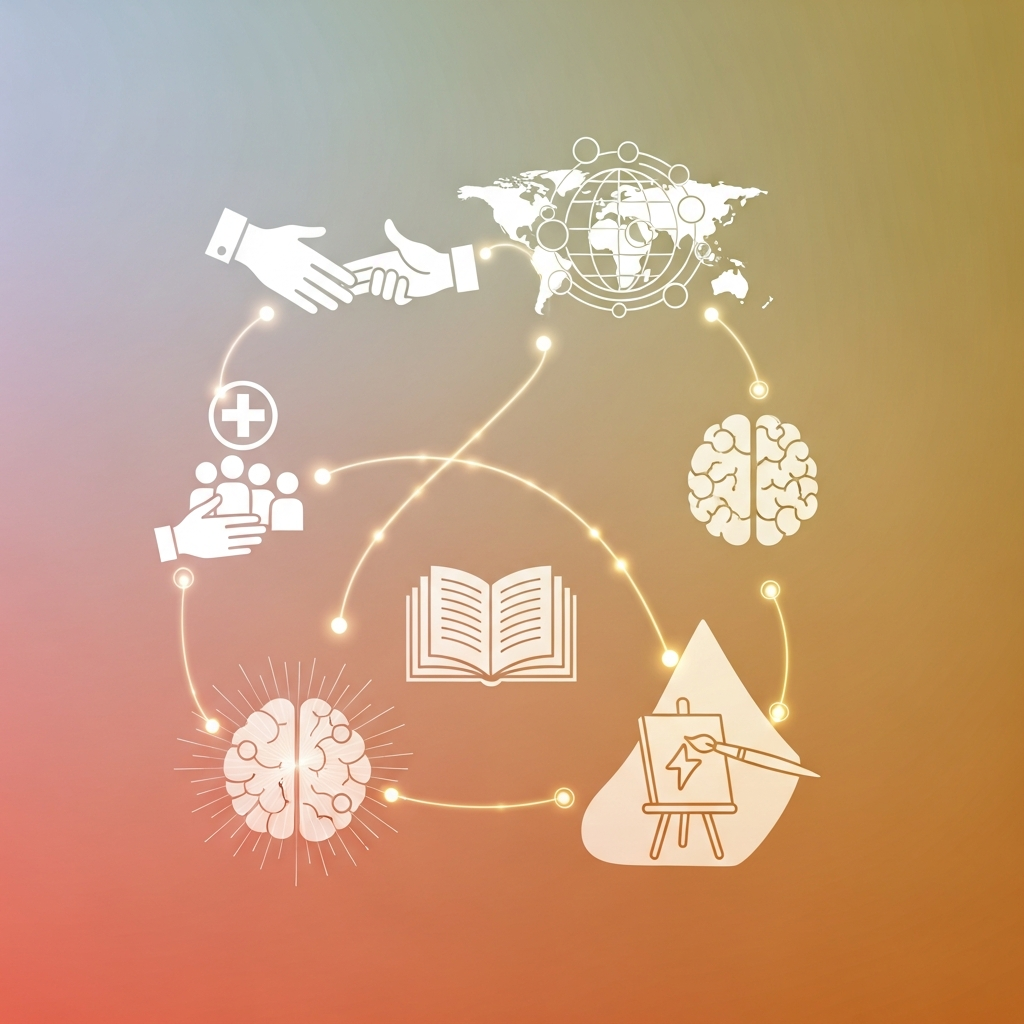 A thought-provoking infographic showing abstract icons representing cultural impact: a hand helping another, interconnected global symbols, a book, a brain for focus, and artistic elements. These icons are subtly linked with light trails on a soft, gradient, warm-toned background, symbolizing positive social change. No text, clean design, balanced lighting.