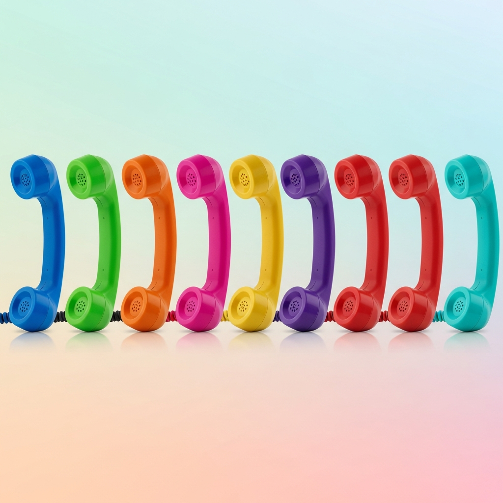 Multiple colorful retro POP phone handsets displayed side-by-side, showcasing a range of 8 vibrant colors, clean product photography style, gradient background, no text