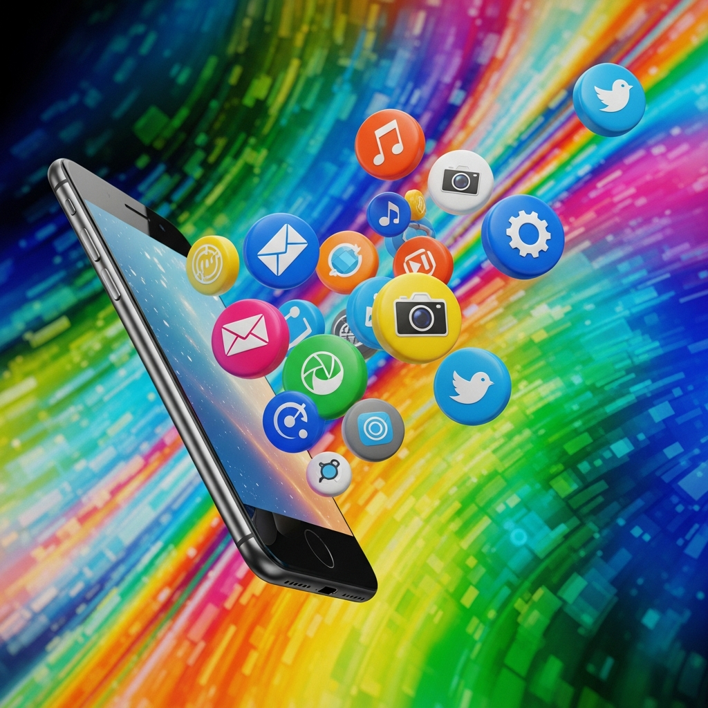 A smartphone with colorful app icons floating around it, dynamic composition, vibrant textured background, no text