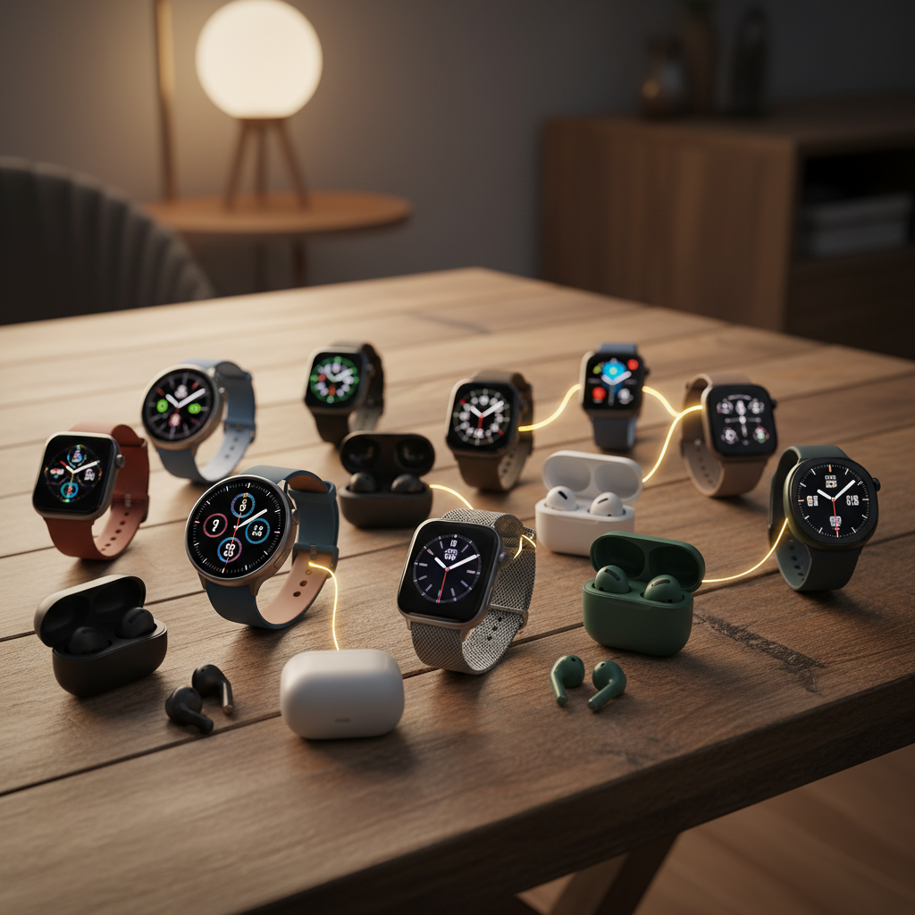 A collection of various smartwatches and wireless earbuds from different brands on a wooden table, high-tech gadgets display, warm indoor lighting, high contrast, no text