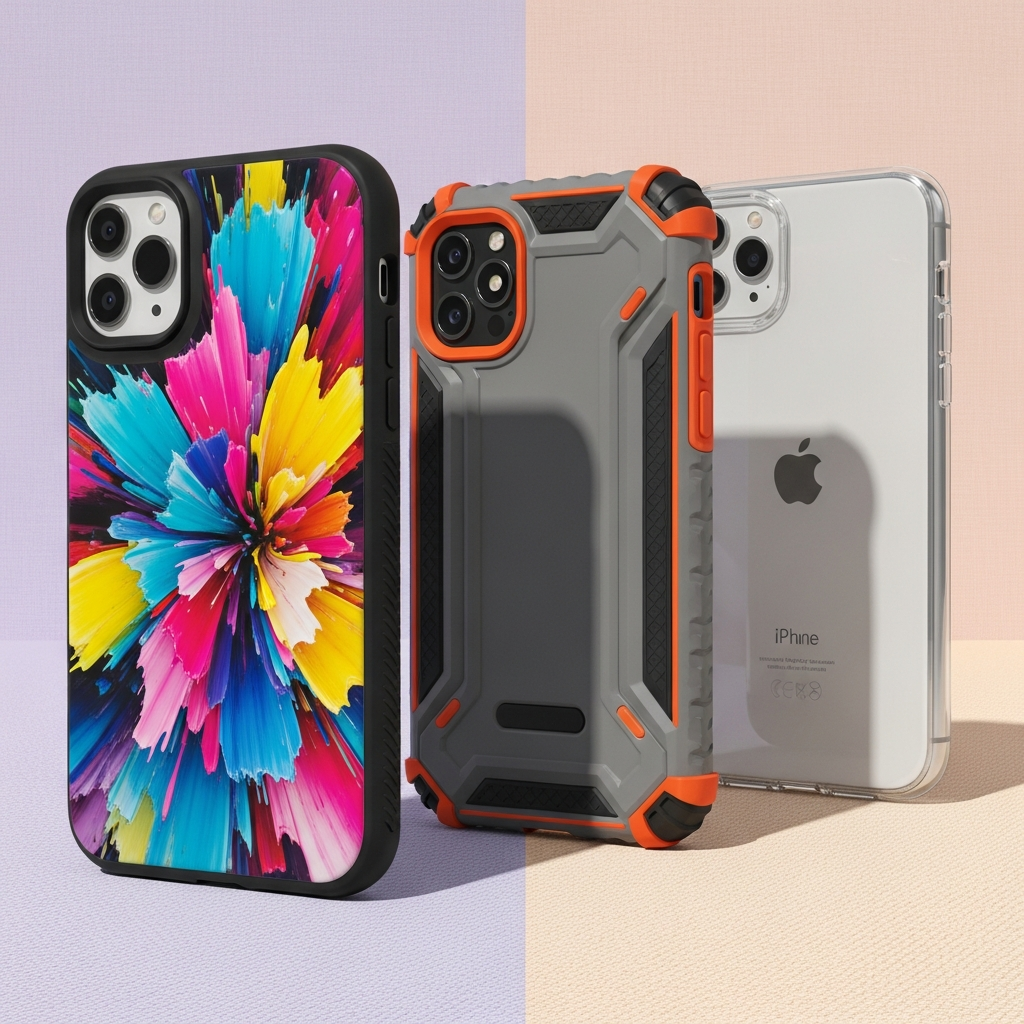A collection of various iPhone cases showcasing different styles: a vibrant, artistic case, a robust protective case, and a sleek, transparent case, arranged on a textured pastel background. Emphasize their design and protection features. Natural, soft lighting. No text.