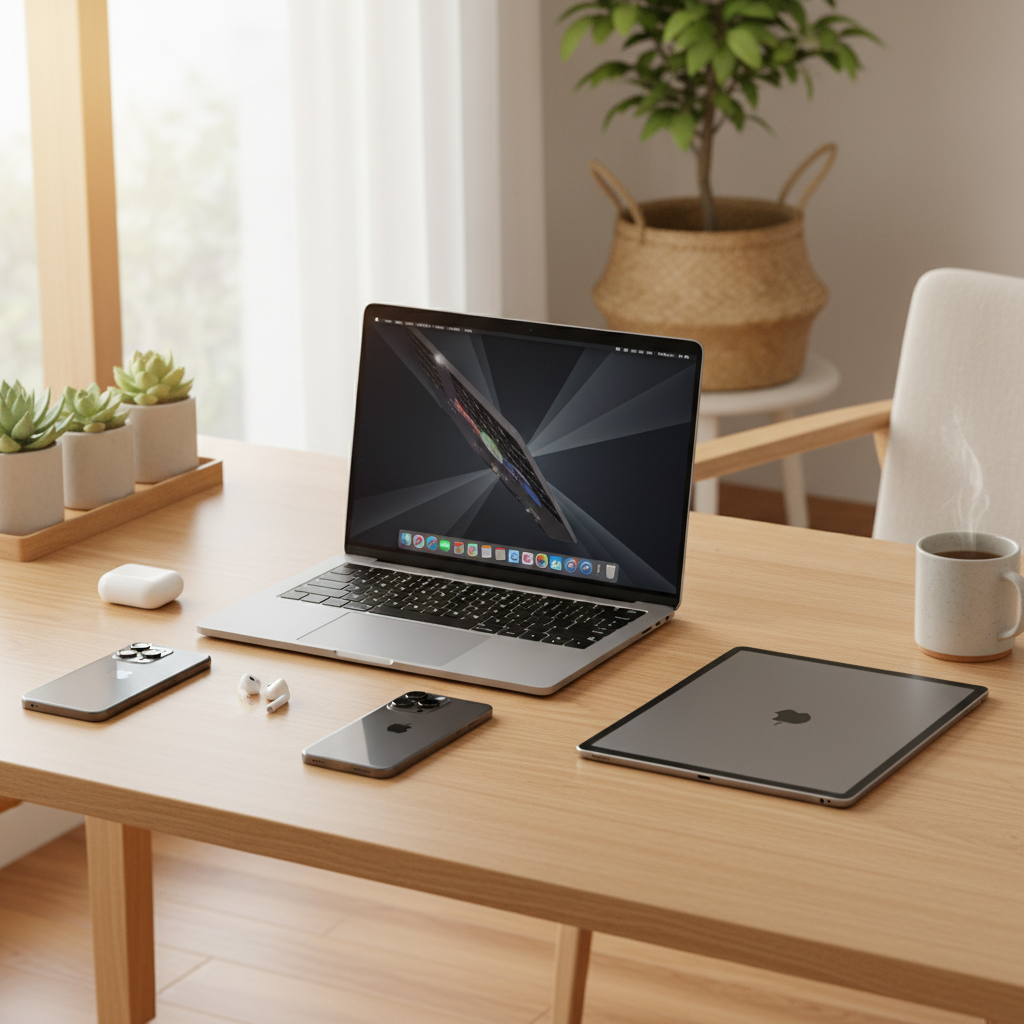 A modern clean lifestyle photography of various Apple devices like iPhone, iPad, and MacBook on a wooden desk, soft natural lighting, warm atmosphere, Korean home office setting, no text, 4:3