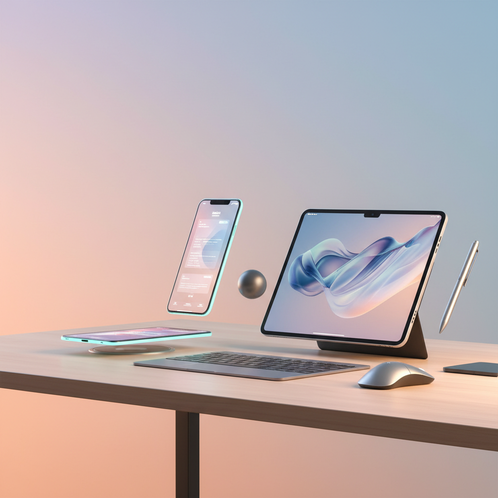 A modern desk setup with various future Apple devices, iPhone, MacBook, and iPad, high-end lifestyle photography, warm ambient lighting, soft gradient background, no text
